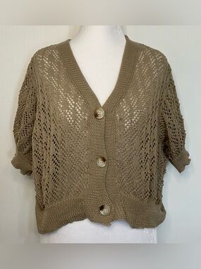 Tan Cropped Crochet Cardigan Cottagecore Feminine Button Layering Indie Medium